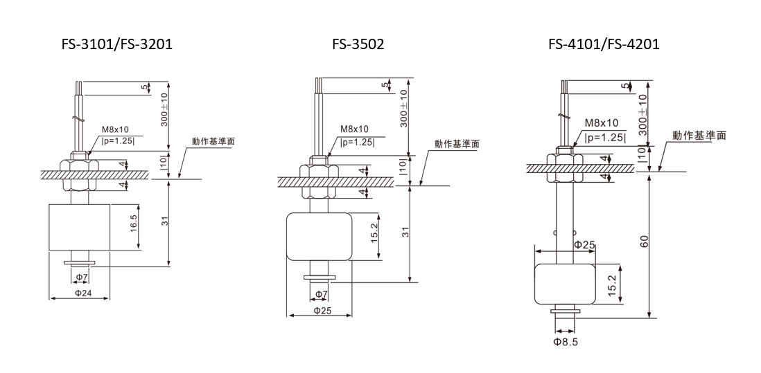 液位传感器FS-3101/3502/4101/4201产品外形图